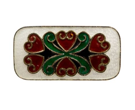 N A Jorgensen, a Norwegian silver and enamelled brooch, 1950s, green and red enamel, rectangular form