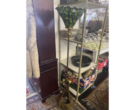 A brass deco 1930's 40's standard lamp with green glass shade