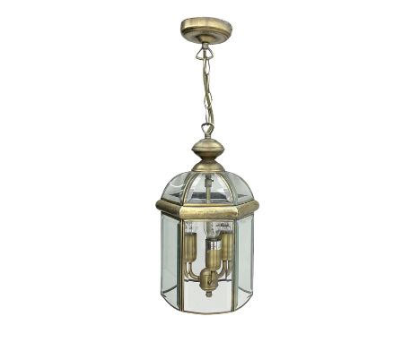 Hexagonal brushed metal and bevelled glass panelled lantern light fitting, H38cm