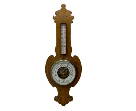 Edwardian art Nouveau aneroid barometer in a mahogany case inlaid with coloured satinwood scrollwork and motifs, with an open