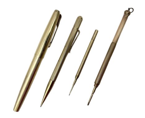 9ct gold propelling pencil with engine turned decoration and vacant cartouche, by S J Rose &amp; Son, stamped 375, L12cm, tog