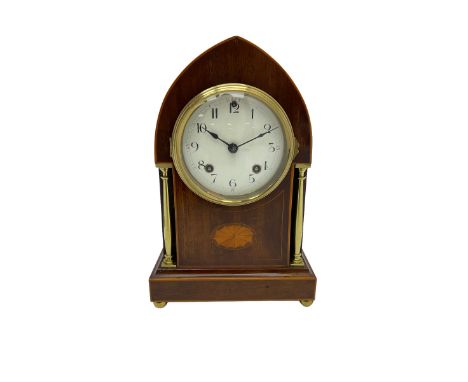 Early 20th century mahogany Lancet shaped mantle clock with an American �Ansonia� eight-day striking movement, case with oval