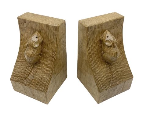 Mouseman; pair of adzed Yorkshire oak bookends, carved 'Fat' mouse signature, by Robert Thompson of Kilburn, H15.5cm