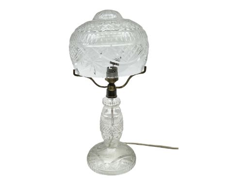 Waterford style cut crystal table lamp with mushroom shade and shaped central column upon a circular spreading foot, H39cm