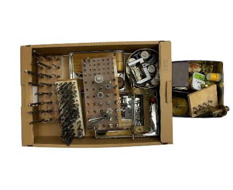 Assorted lathe drills, milling cutters, fly cutter frame and spindle with various fly cutters, clock depthing tool, other mis