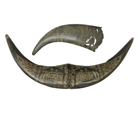 Carved water buffalo horn wall pocket, engraved with landscape scene with patterned borders with pierced foliate panel, toget