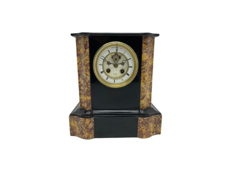 Mid Victorian c1860 Belgium slate mantle clock with a flat top and curved serpentine amber and sienna variegated marble panel