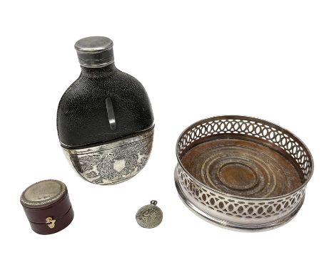 Hip flask by G &amp; J Hawksley, with silver plated cup engraved with vacant shield surrounded by foliate motifs and leather 