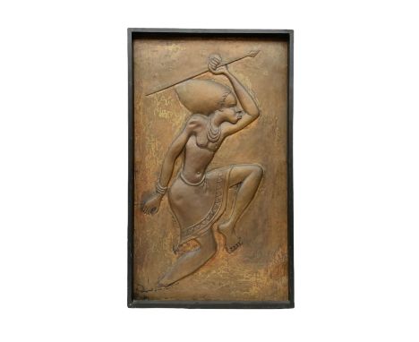 Copper panel embossed with a design of an African warrior in a wooden frame, H84.5cm, W50cm