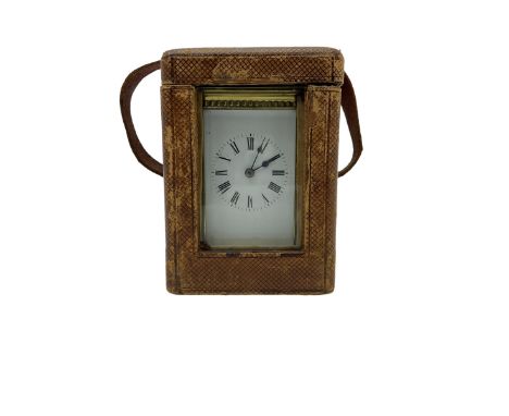 French carriage clock c1910 with strike and repeat work in a corniche case with beadwork, eight-day spring driven movement, s
