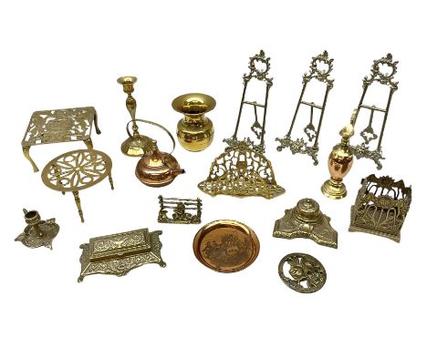 Ornate brass inkstand with ceramic inkwell, W11cm, together with another similar of rectangular form, heavy copper and brass 