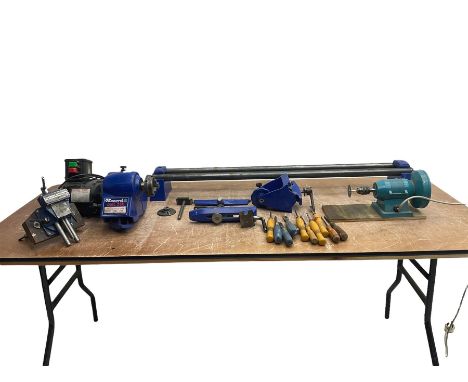 Record wood turning lathe and motor, with a three jaw chuck, tailstock and tool rest, selection of wood turning and woodworki