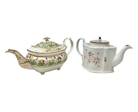 Late 18th century Newhall commode shaped teapot, decorated in 295 pattern, together with early 19th century Derby silver shap