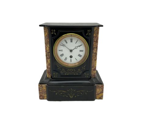 Belgium slate mantle clock c1880 with a flat top and break front case, with incised decoration and variegated sienna and ambe