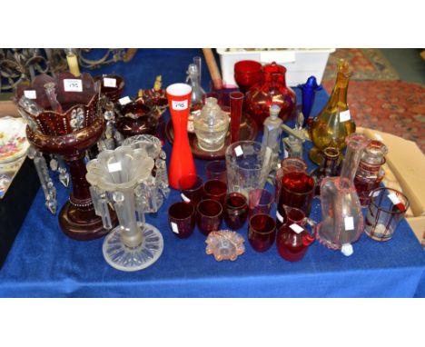 An assortment of glass, mostly 19th  &  20th centuries, including, four various Art Deco sent bottles, a Bohemian clear glass