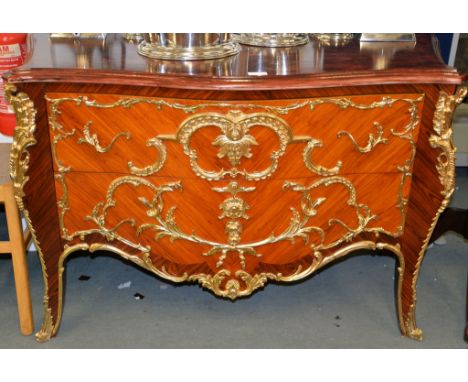 A Continental kingwood veneered and gilt metal mounted commode in Louis XVI taste, of recent manufacture, the stained marble 