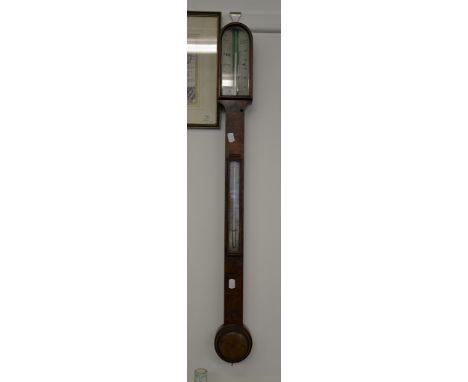 Ω A Victorian figured walnut mercury cistern tube stick barometer, with a silvered ivory Vernier scale and silvered mercury t