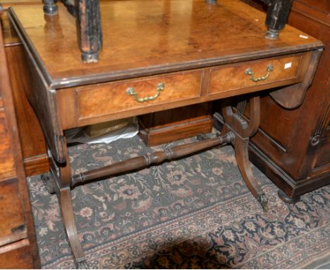 A burr walnut and crossbanded sofa table in Regency style, with two frieze drawers, 142cm wide 