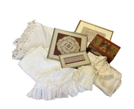 A Japanese decoupage sewing box, C1900s with haberdashery items, a 1941 dated needlework, framed, two early 20th century whit