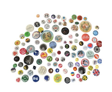 A large collection of vintage badges and pins, mostly 1980s/90s with some earlier to include Band badges, political, travel, 