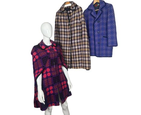 Welsh wool tapestry items to include a purple 3/4 length coat with powder and royal blue in the weave, a button front cape wi