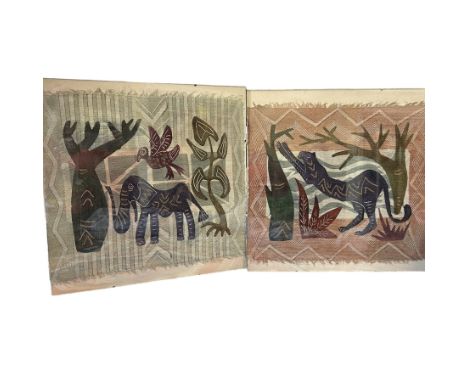 Two South African textile paintings, one signed 'Jira' featuring an elephant standing between two trees with a bird flying ab