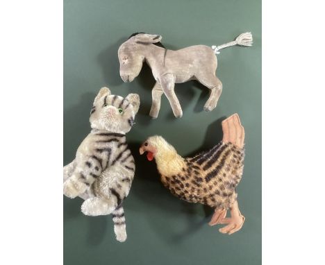 Steiff Vintage toys ; 1950 to include Susi 6&rdquo; cat with green eyes and rotating head seated, with tag, and a cockerel sa