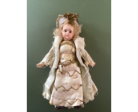 French-likely Steiner -Paris bisque head doll- miniature ALL original tea duck egg blue dress and hat attire 9“ bisque head c