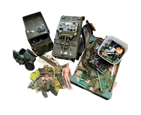 Vintage 1964 Palitoy Action Man figures and accessories to include an early smooth haired figure and one with flocked hair al