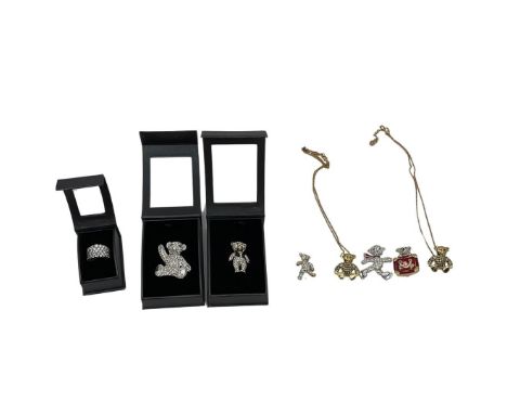 Vintage brooches and jewellery by Adrian Buckley include Teddy Bear brooches with blue pav&eacute; stones on a chain, an enam