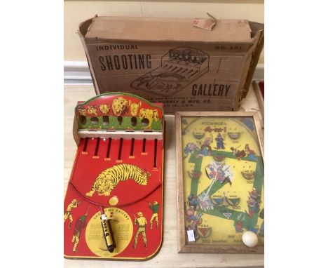 Vintage tin plate USA shooting range toy with box and a bagatelle wooden glazed 1950s toy-both true vintage and not checked f