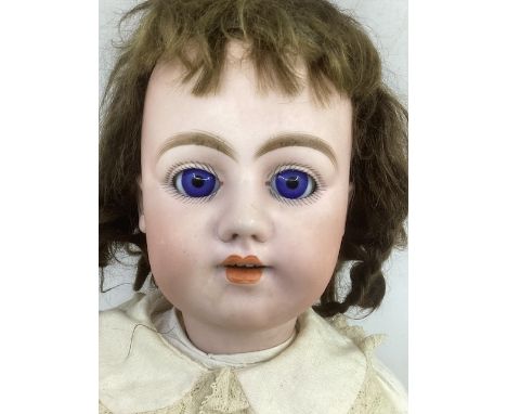 Antique German Simon and Halbig &nbsp;bisque head 1009 DEP 23&rdquo; character doll with dark wig and white dress, original H