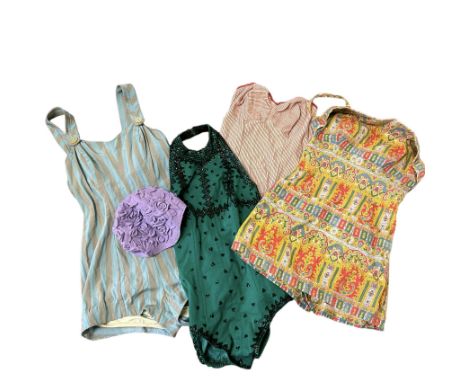 A 1940s / 1950s playsuit in a printed cotton, a 1950s showgirl costume in emerald green with wool, cotton lined with black se
