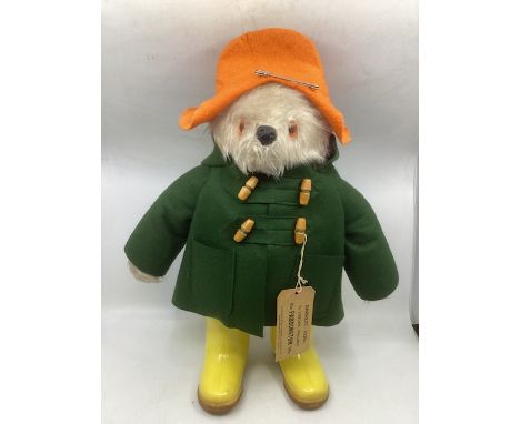 1972 Vintage original&nbsp;Clarkson Made Paddington Bear&nbsp;toy c 18&rdquo; tall with the dark green Duffle and yellow Dunl
