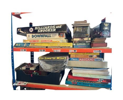 Vintage toys games puzzles and related miscellaneous-2 shelves of vintage childhood related and others in various conditions 