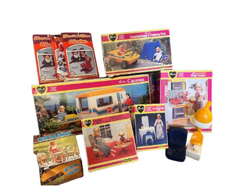 Vintage Pedigree Sindy boxed accessories to include her caravan, 'Electronic Magic Cooker' untested, Dressing Table &amp; Sto