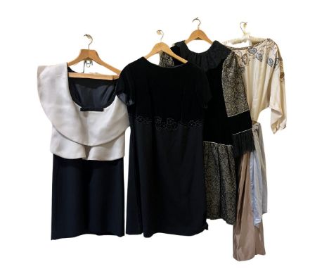 Vintage and modern cocktail and formal wear to include a velvet skater dress with rabbit fur trim by Bernard Perris of Paris,