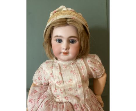 French Antique Tete Jumeau DEP doll, likely made in later period by SFBJ c 1900, fine smooth face with neat bobbed hair cap w