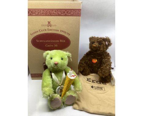 Steiff German 420139 Club 1998 green school start &nbsp;30cm teddy bear and a 670749 Erde 2001 teddy bear , as sold. (2)