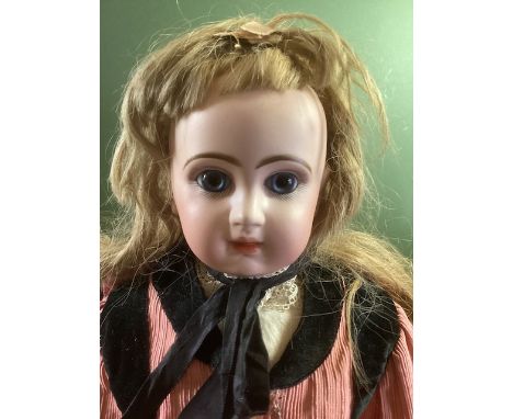French depose Jumeau Bisque head doll  c 18: tall, original had and fixed paperweight eyes, and body and limbs-please see all
