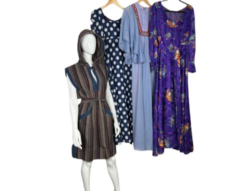 A 1960s polka dot maxi dress by Marion Donaldson, two polyester jersey maxi dresses by The House of Nicholas, a white kaftan 