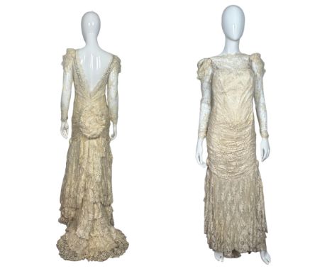 1980s silk and lace wedding gown, fitted with train and low back with bustle, designed and made by British couturier Linda Ci