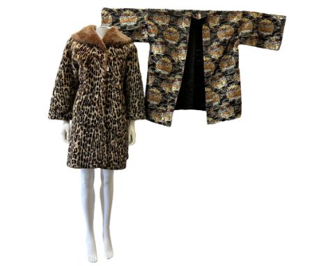 An ocelot printed beaver lamb coat c1950s/60s and a Japanese silk brocade haori style jacket in black and gold with maple lea