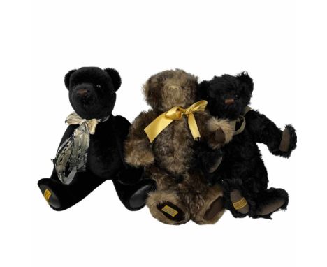 Three vintage Merrythought bears to include a black 'Heathcliff' fully jointed mohair bear with brown velour necktie, an Alph