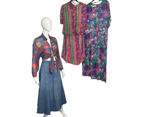 A Phool dress with tropical print in greens and purples plus one in turquise and blue with peekaboo bodice, a Phool blouse wi