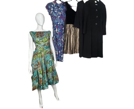 A 1950s princess coat by Harella, a 50s black crepe dress with beading and embroidery, a 1950s novelty print day dress with p