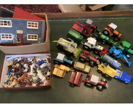  Vintage  toy tractors and Farm vehicles and a farm house to construct ; Large quantity of vintage farm and tractor related t