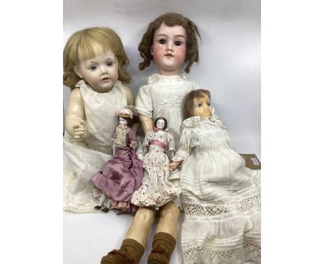 Antique&nbsp;doll selection ; to include 2 glazed 19thC china dolls( one lacks a leg) with painted footwear on china legs, a 