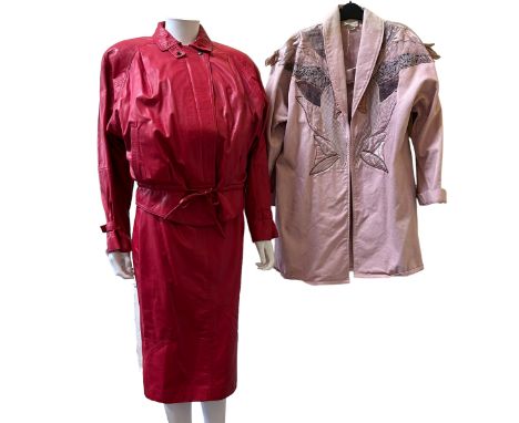 1980s fashion to include a lipstick red leather jacket and skirt set, a taupe leather midi skirt a red crepe three piece trou