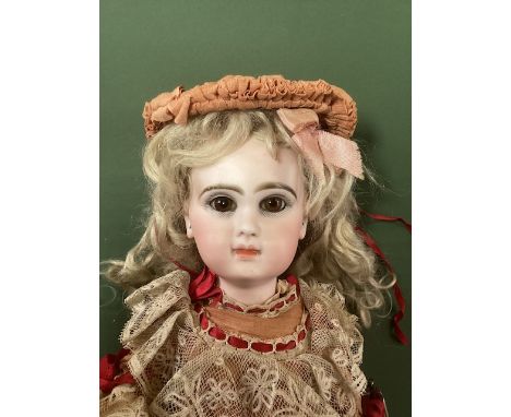 Depose Jumeau French antique doll 16” in original dress and hat set shoes and socks  in rose and carmine and cream lace . Hea